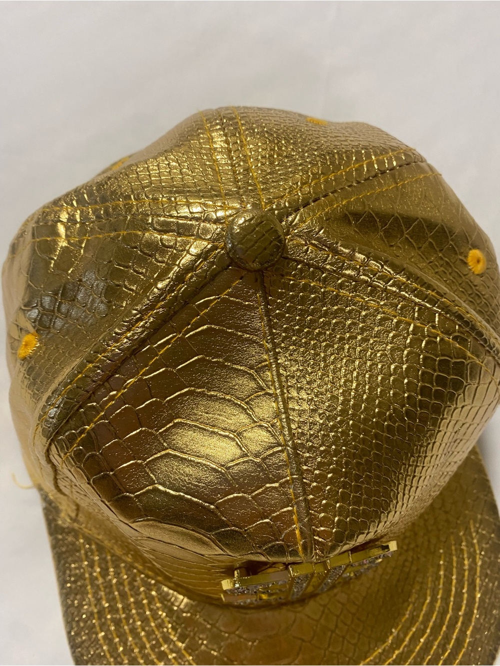 Y2K Gold Faux-Snakeskin Rhinestones Dollar Sign Snapback Hat - Picture 3 of 5